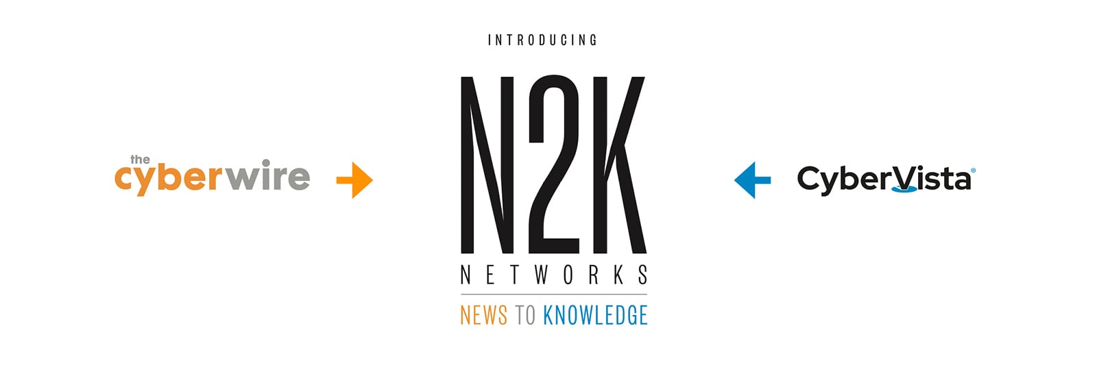 CyberWire logo with orange arrow pointing to Introducing N2K Networks News to Knowledge logo with blue arrow and CyberVista logo on right side